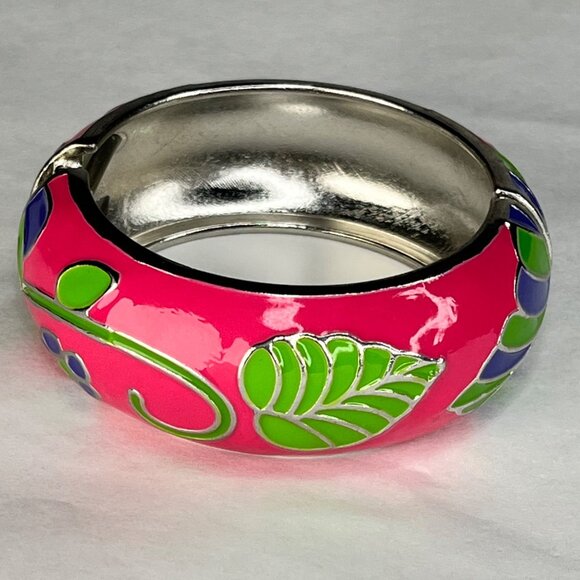 Colorful Floral Hinged Bangle Bracelet With Pink Green & Purple Enamel Design On - Picture 1 of 5